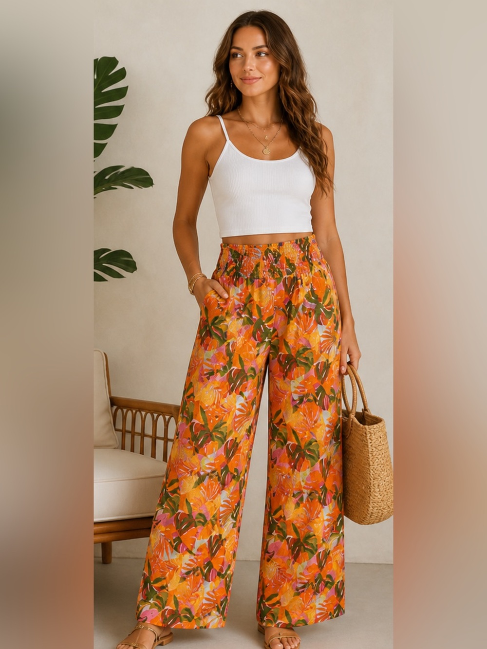 C&C California Linen Wide Leg Pants Tropical Print Size S Green Orange Pink